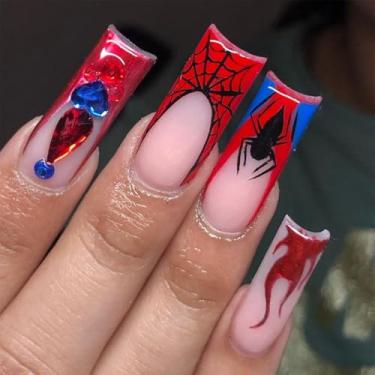 Imagem de Kit de unhas de pressão médio longo quadrado Halloween vermelho francês com teia de aranha design strass cola falsa conjunto de unhas cobertura completa bastão falso artificial em unha de acrílico
