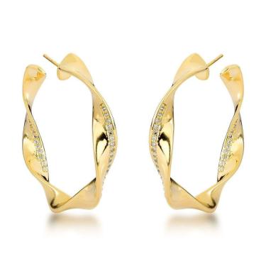 Imagem de Brincos Femininos Banhados A Ouro 18k- Estilo Argola Torcida Com Pedras De Zircônia