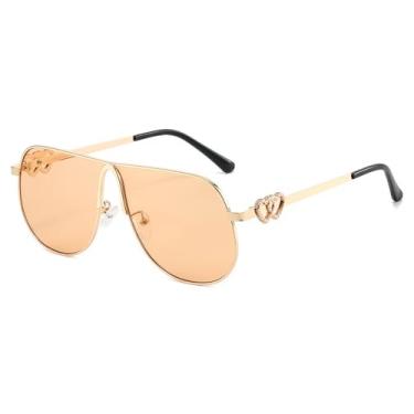Imagem de Óculos de Sol Femininos com Estampa de Coração e Refletivo, Armação Grande, Dourado Champagne, 13,7