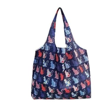 Imagem de Bolsa feminina dobrável com estampa de gato, bolsa de ombro portátil, bolsa de compras de grande capacidade para uso diário, azul escuro