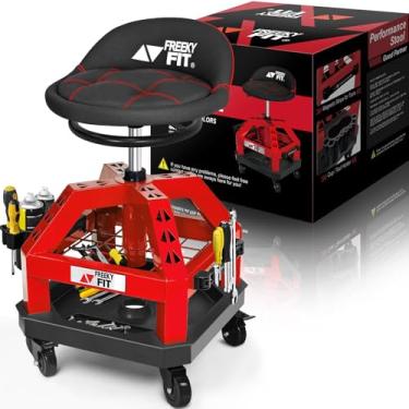 Imagem de FreekyFit Banqueta Rolling Shop para garagem com rodízios, DO02 - Assento giratório de loja de 360° de altura ajustável com armazenamento de bandeja de ferramentas, banco mecânico acolchoado com