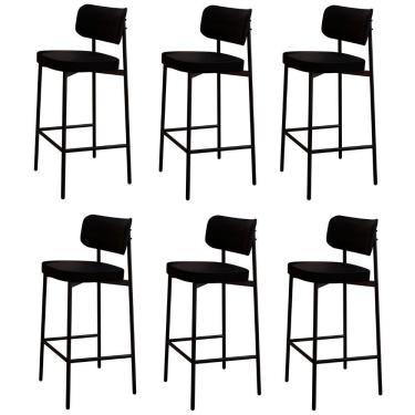 Imagem de Banqueta Alta Bar Estofada Kit 6 Ella M25 Linho Preto - Mpozenato
