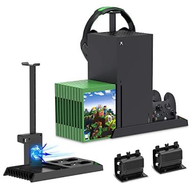 Imagem de Suporte de carregamento com ventilador de resfriamento para console e controlador Xbox Series X, acessórios de estação de carregador duplo vertical com tampa e bateria recarregável de 2 x 1400mAh