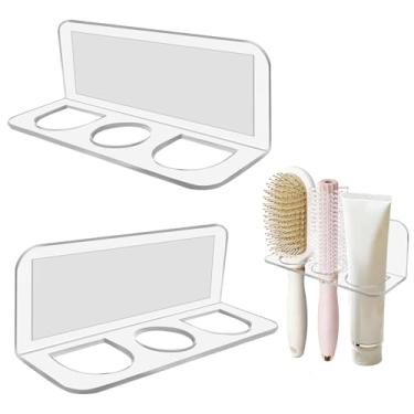 Imagem de Pacote com 2 porta-escovas de cabelo de acrílico montado na parede, organizador de banheiro com adesivo industrial para pentes, escovas redondas, ferramentas de cabelo, design que economiza espaço