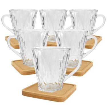 Imagem de Conjunto De 6 Xícaras De Vidro Facetadas Para Chá Café 250 Ml Com Pires De Bambu Quadrado