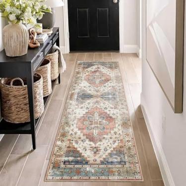 Imagem de Enkor Tapetes de corredor para corredor, tapetes laváveis macios antiderrapantes para cozinha, tapete moderno para sala de estar, quarto, entrada bege e vermelho