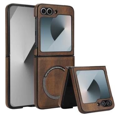 Imagem de XKchatpt Capa magnética para Samsung Galaxy Z Flip 6 suporta carregamento sem fio, capa rígida fina à prova de choque de couro PU para Samsung Galaxy Z Flip 6 (marrom)