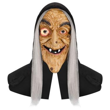 Imagem de Máscara de rosto de resina de bruxa assustadora com cabelos brancos para cosplay de Halloween