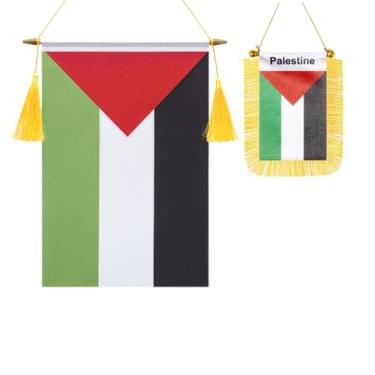 Imagem de Pacote com 2 bandeiras de parede da Palestina, mini bandeira palestina pendurada na janela do carro, acabamento acetinado, tecido resistente, bandeiras patrióticas para decoração de espelho retrovisor