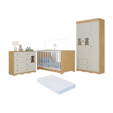 Imagem de Quarto de Bebê Completo Berço Americano 3 em 1 Colchão Doçura Multimóveis Mp4670 Madeirado/off White