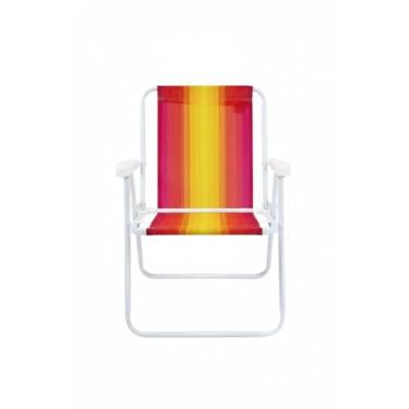 Imagem de Cadeira de Praia Dobrável, Estrutura em Metal Branco, Tecido Listrado Vermelho e Amarelo, Design Portátil para Jardim e Piscina
