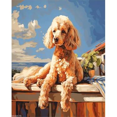 Imagem de Pintura colorida por números para adultos, cachorro poodle deitado no telhado, pintura de arte DIY pintura por números para iniciantes para decoração de parede de casa, presente, 40 x 50 cm