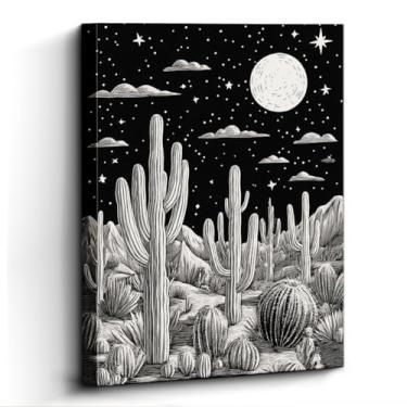 Imagem de WOXZQ Arte de parede do deserto de cacto, céu estrelado iluminado pela lua, decoração de parede do sudoeste, impressão em tela sem moldura, arte de pôster do deserto, para presente de sala de estar no