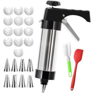 Imagem de Kit de prensa de aço inoxidável, pistola de biscoito com 8 pontas de tubulação e 13 discos, escova de espátula, conjunto de cozimento de gelo 38 cm (38 cm)
