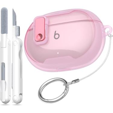 Imagem de RFUNGUANGO Capa protetora transparente para New Beats Studio Buds + (2023) / Beats Studio Buds (2021), trava de segurança para capa protetora Beats Studio Buds Plus com kit de limpeza/chaveiro - Rosa
