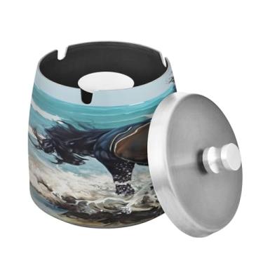 Imagem de Blueangle Cinzeiro de cavalo marrom escuro com tampa para cigarros, à prova de vento/chuva, aço inoxidável, sem fumaça, inodoro, cinzeiro para uso interno ou externo (116)