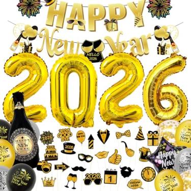 Imagem de SERTAS Artigos de decoração de festa de feliz ano novo 2026 - chapéus, banner, óculos, balões de alumínio e cortinas de franja, decorações de festa de véspera de ano novo preto e dourado
