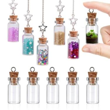 Imagem de 10 garrafas de vidro pequenas com rolhas de cortiça, mini frascos de vidro de 1,5 ml com tampas, pequenos recipientes de vidro vazios para frascos de feitiço, garrafas de desejos, garrafas de