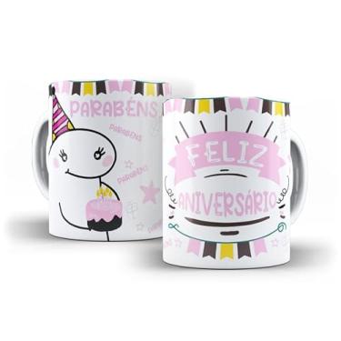 Imagem de Caneca Decorativa Parabéns Amiga, Porcelana, Design Listrado Pastel, Tema Aniversário com Bolo e Ilustração Fofa, 325ml (17200)