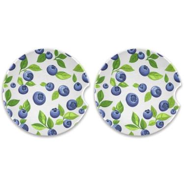 Imagem de CEBUGI 2 peças de porta-copos de carro para porta-copos de cerâmica de 6,3 cm com entalhe de dedo absorvente porta-copos de copo de carro de mirtilo para mulheres e homens