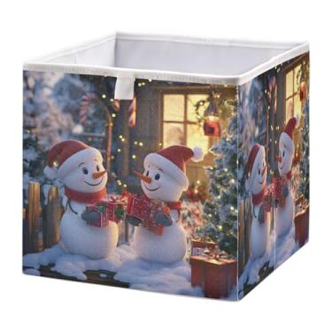 Imagem de Wassud Duas caixas de armazenamento adoráveis de bonecos de neve, caixas de tecido dobráveis com alças para organizador de armário, prateleiras, roupas, cubos de armazenamento dobráveis para casa 28 x