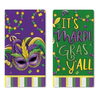 Imagem de Croar It's Mardi Gras Y'all Mask Conjunto de 2 toalhas de prato de cozinha, contas de carnaval de Nova Orleans, toalha de mão secadora, pano de cozimento, baile de máscaras, casa de banho, decoração