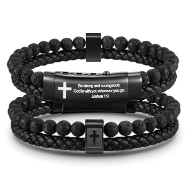 Imagem de FLHEART Pulseira masculina de couro preto com cruz cristã, pulseira cruzada de couro trançado de duas fileiras versículo bíblico ágata ônix com contas, PHILIPPIANS 4:13, Aço inoxidável, Sem Pedra
