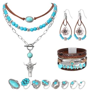 Imagem de SANSTHS Conjunto de joias boêmias ocidentais turquesa colar brincos pulseiras anéis acessórios ocidentais para mulheres presentes de vaqueira, One size, Turquesa Metal Couro, Turquesa