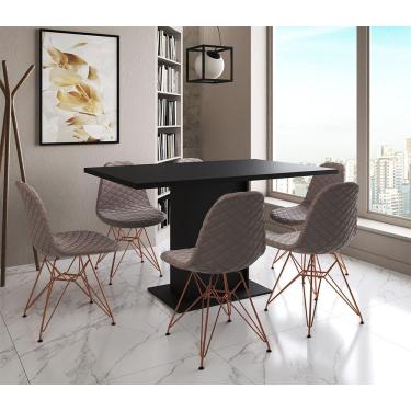 Imagem de Mesa Jantar Londres Retangular Preta 137X90Cm 6 Cadeiras Estofadas Nude Médio Base Cobre