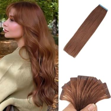 Imagem de Czrleaty Extensões De Cabelo Humano Castanho-Avermelhadas Com Fita Adesiva 18" Sem Costura Remy Liso Para Meninas