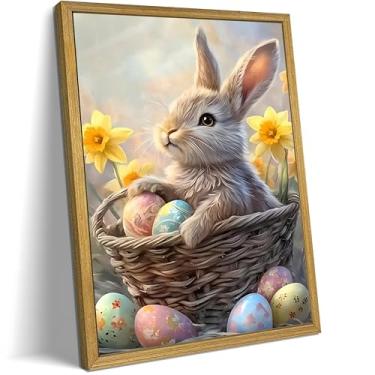 Imagem de Arte de parede de coelho da Páscoa emoldurada em madeira, pôster vintage de coelhinho da Páscoa, decoração de parede impressa, 20,3 x 25,4 cm