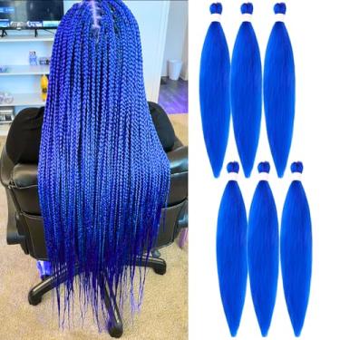 Imagem de Cabelo humano pré-esticado com trança de cabelo azul trançado Kanekalon cabelo humano pré-esticado 66 cm, pacote com 6