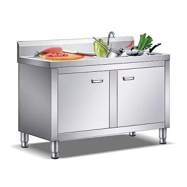 Imagem de Armário de pia de aço inoxidável para cozinha, pia de lavanderia com armário, pias utilitárias de aço inoxidável, pia comercial/industrial de 2 compartimentos (compartimento duplo de 100 cm)