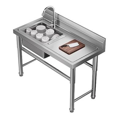 Imagem de Pia de restaurante comercial de aço inoxidável, pia de tigela única grande, pia de aço inoxidável de cozinha independente, lavatório de mão de preparação e utilitário para lavanderia (100 x 50 x 80 cm