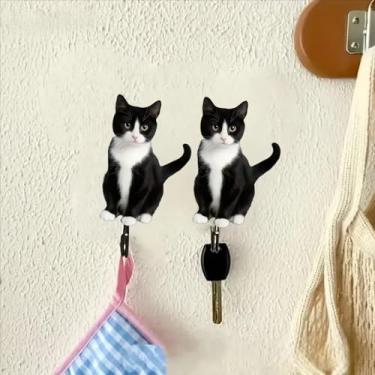 Imagem de 2 peças de ganchos adesivos de acrílico preto e branco para gatos - Cabides decorativos de parede para chaves, toalhas, máscaras | Organizador autoadesivo sem broca para entrada, banheiro, cozinha/GG