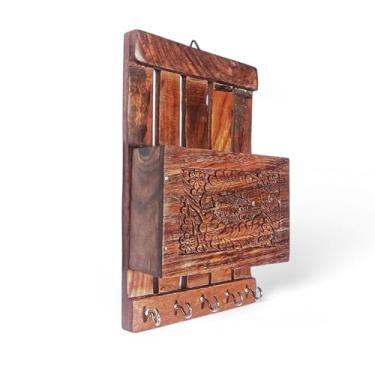 Imagem de Nautical Store kings Porta-chaves marrom de madeira com caixa de armazenamento, suporte de caneta e suporte de 5 ganchos de madeira para parede de casa, escritório, corredor