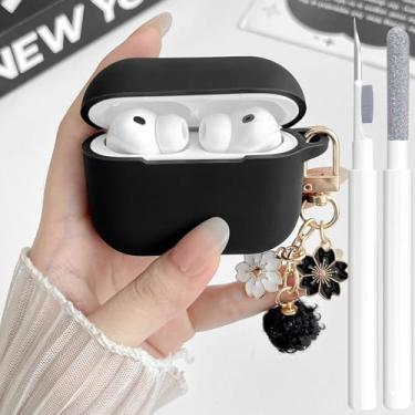 Imagem de Linda capa para Airpods Pro 2/1 para meninas e mulheres com chaveiro e kit de limpeza, capa protetora de silicone macio para Airpods iPod Pro 2/1 geração para Airpod Pro, preta