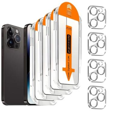 Imagem de Pacote com 4 [kit de alinhamento automático] protetor de tela para iPhone 14 Pro Max de 6,7 polegadas com 4 protetores de câmera [proteção militar 10x] filme HD de vidro temperado, compatível com