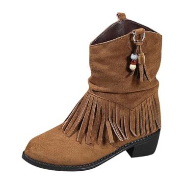 Imagem de Botas femininas casuais no tornozelo com detalhe de borla, material de camurça, salto redondo para conforto e estilo no inverno, Marrom, 39