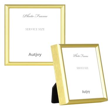 Imagem de Autjvy Conjunto de 2 porta-retratos 7,5 x 7,5 cm, moldura quadrada de metal de alumínio fino, moderno, dourado, com vidro HD, tela para mesa e parede, pacote com 2