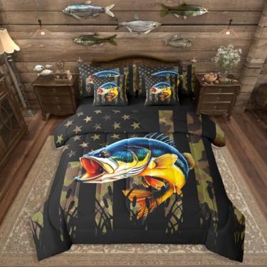 Imagem de Erosebridal Jogo de cama king size camuflado bandeira americana 7 peças de peixe robalo grande com lençóis de caça, pesca, para meninos, adolescentes e adultos, conjunto de cama camuflagem verde