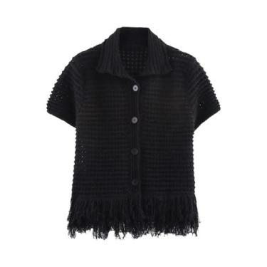 Imagem de Conjunto De Jaqueta De Malha Com Lapela E Saia Mini Com Franjas Para O