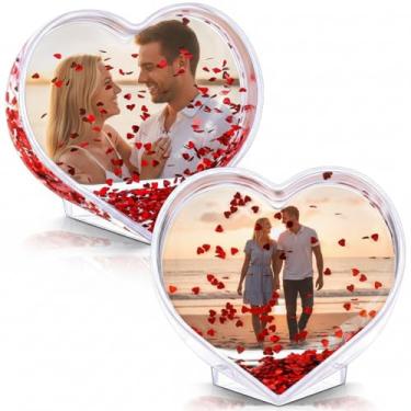 Imagem de CroBlissful 2 peças porta-retrato coração glitter 9,5 x 8,5 cm moldura líquida coração glitter moldura acrílica globo de neve foto flutuante foto personalizada presente de Natal Dia dos Namorados para