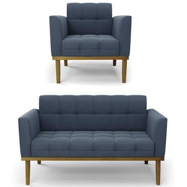 Imagem de Sofá Namoradeira E 1 Poltrona Base Madeira Castanho Ana Suede Azul Marinho - Ibiza