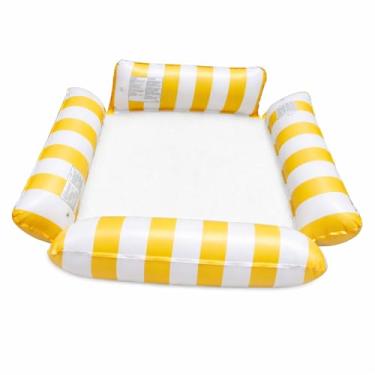 Imagem de Boia Inflável Rede Poltrona com Encosto, Tela Vazada, Listras Coloridas, 120cm, Suporta até 150kg, para Piscina e Praia Chácara Cadeira Flutuante, Flutuador Verão Férias Final de Semana (Amarelo)