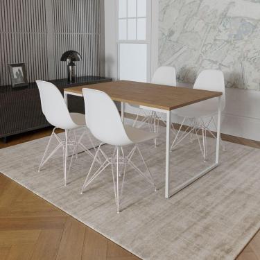 Imagem de Mesa Industrial Base Ferro Branco Tampo 137X90 Amêndoa 4 Cadeiras Ferro Branco Assento Branco Marrom