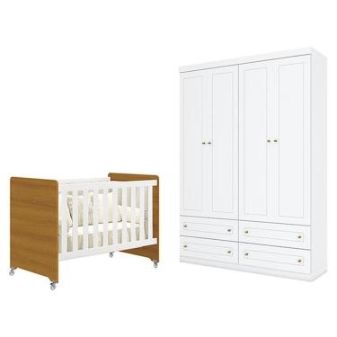 Imagem de Berço Americano Evolution 4 Em 1 Branco Acetinado Savana E Guarda Roupa Infantil Americano 4 Portas Branco Hp - Henn