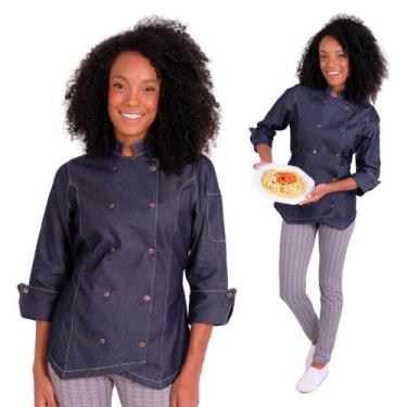 Imagem de Dólmã Feminina Para Chef De Cozinha Jeans 100% Algodão Uniforme Acintu