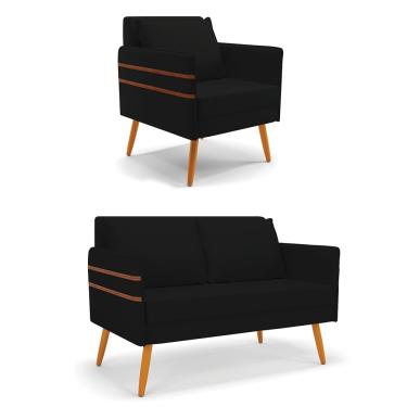 Imagem de Kit 01 Namoradeira 02 Lugares e 01 Poltrona Mari Linho Preto A79 Pés Palito Castanho - D'Rossi