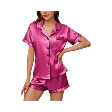Imagem de Conjunto De Pijama De Verão Feminino Em Cetim Com Camisa De Manga Curt